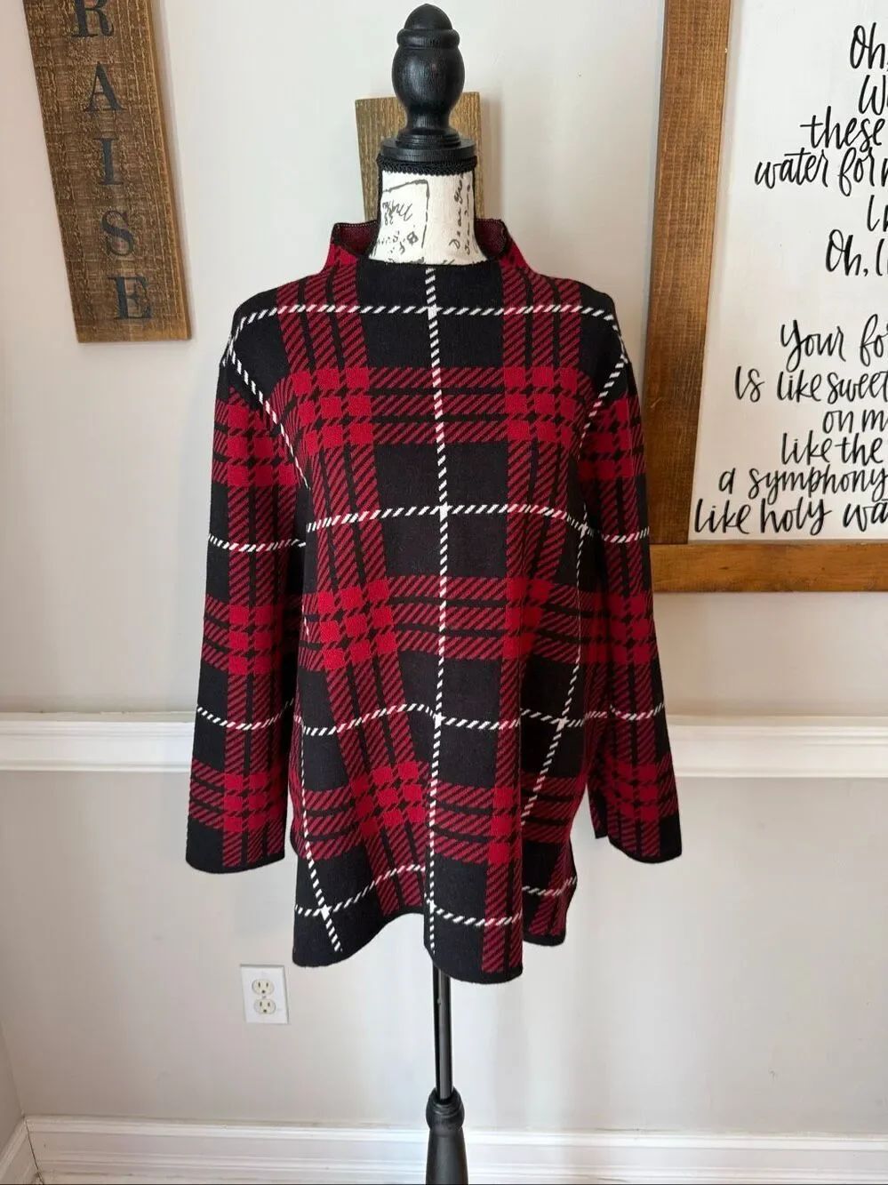 Anne Klein Women's Plaid Holiday Mock Neck Knit Pullover Sweater Red Black Sz XL